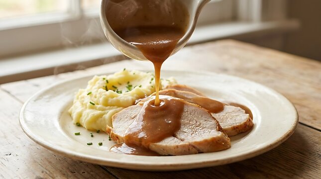 Close up of savory gravy being poured over delicious roasted turkey slices and creamy mashed potatoes on a white plate
