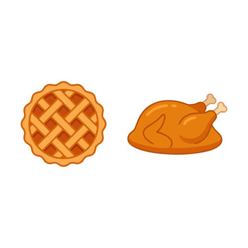 Thanksgiving roasted turkey and pumpkin pie vector illustration set