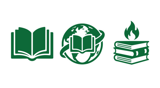 Green literature and education icons showing open books world globe and burning stack with literature symbols school graphics knowledge signs study art academic design learning