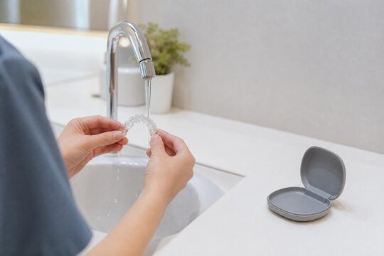 Hands cleaning a clear orthodontic aligner at a clinic sink