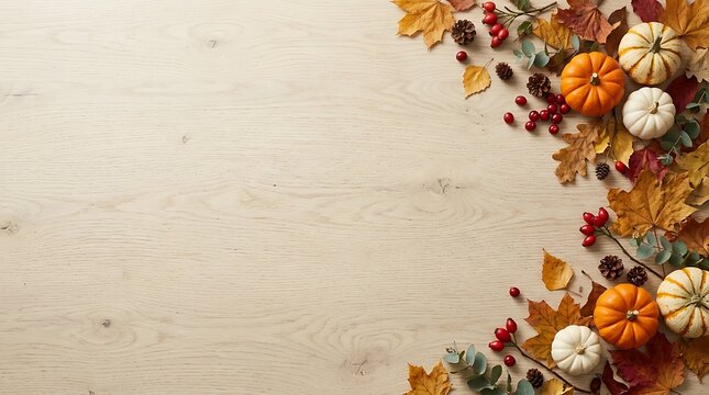 Flat lay composition of autumn pumpkins and colorful fall leaves on a light wooden background