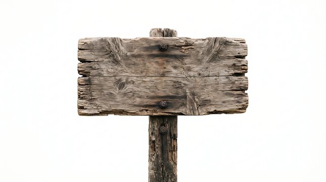 Blank aged wooden signpost isolated on white background, rustic vintage texture for your message