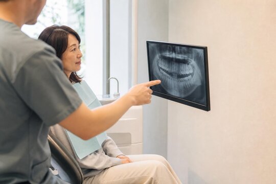 Dentist explaining a dental X-ray on a monitor to a patient