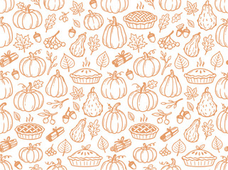 Thanksgiving seamless pattern with hand drawn pumpkins and autumn pies vector illustration © azad