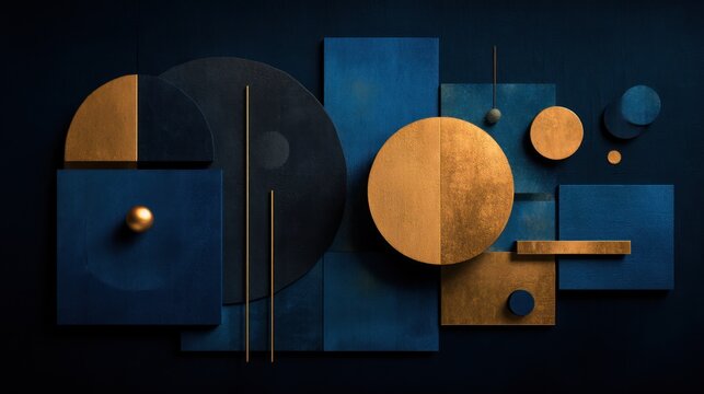 Abstract Geometric Composition of Blue and Gold Shapes.