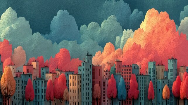 Urban cityscape with vibrant trees and stylized clouds under a colorful sunset