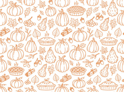 Thanksgiving seamless pattern with hand drawn pumpkins and autumn pies vector illustration