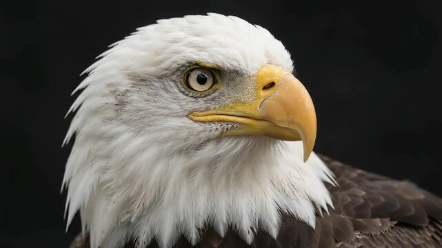 Powerful bald eagle facing the camera in a detailed wildlife close-up. Majestic North American bird of prey with white head and sharp eyes in a natural setting.