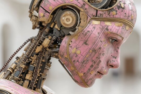 Close-up of a pink-skinned android head with exposed gears and wiring, focusing on its face
