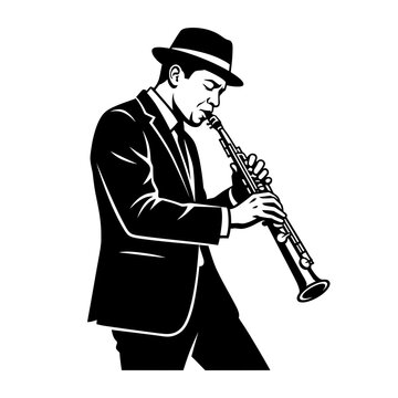Man in Hat Playing Clarinet - Vintage Jazz Musician Silhouette