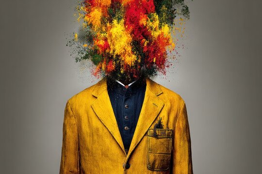 A person with a yellow suit and colorful explosion in place of a head