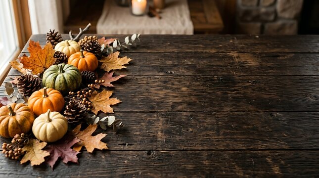 Rustic wooden table decorated with autumn pumpkins and dried fall leaves for thanksgiving celebration