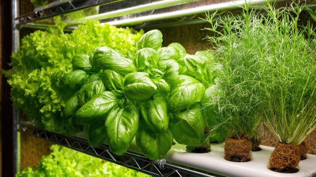 Lush, healthy greens thriving in an indoor hydroponic growing system under bright lights