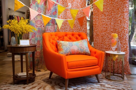 Room with orange chair, colorful fabrics, garlands, side tables, yellow flowers, and vibrant pillows