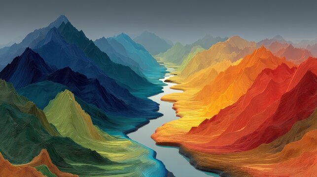 Vibrant Abstract Mountain Landscape with Winding River.