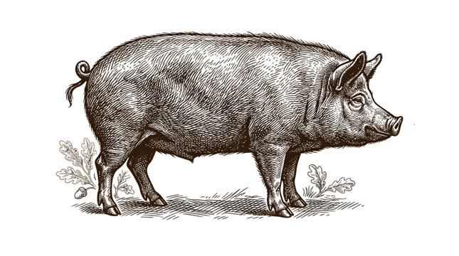 Pig Engraving Illustration Vintage Style Farm Animal Vector
