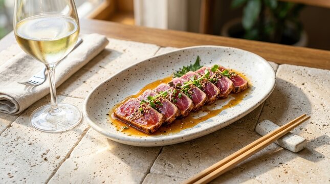 Seared ahi tuna sashimi with soy glaze and sesame seeds