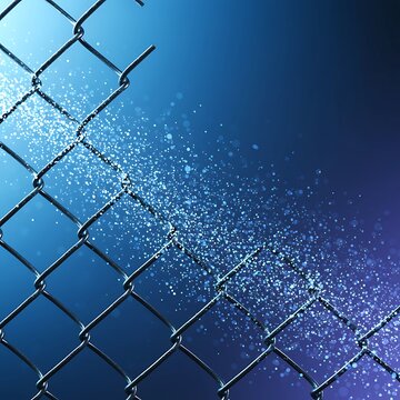 Abstract chain link fence dissolving into sparkling particles with blue and purple lighting on a dark futuristic background