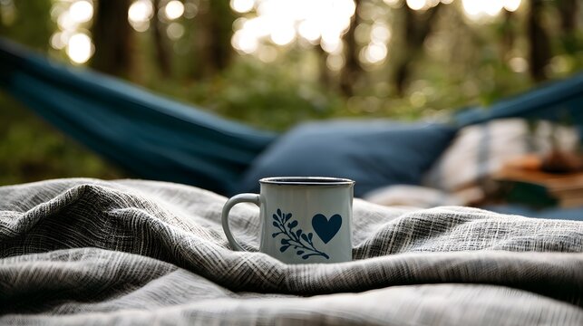 A white enamel mug with a heart design rests on a textured blanket near a hammock in a sunlit forest