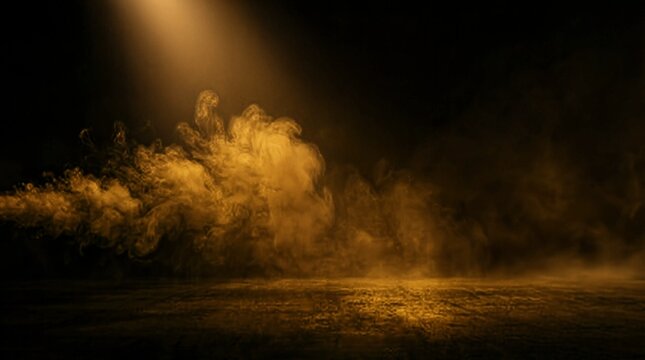 Golden smoke clouds illuminated by a spotlight on a dark textured floor background