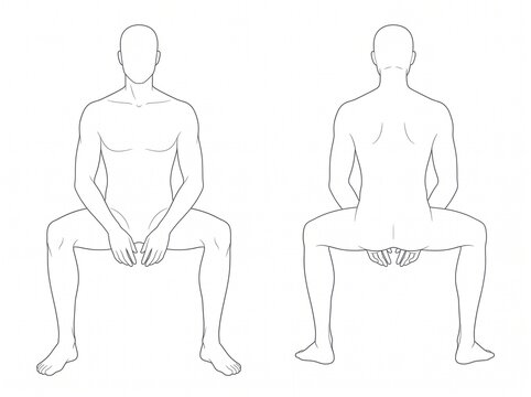 Seated Male Figure Anatomy Illustration Showing Front and Rear Views With Hands Together and Knees Positioned Apart