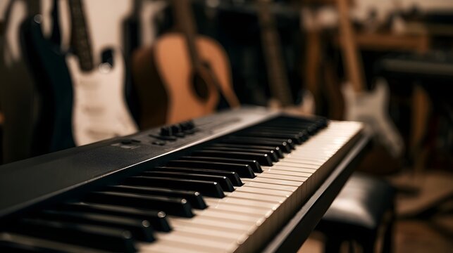 A close up of a keyboard in a warmly lit room with guitars and other instruments in the background