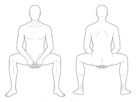 Front and Rear Seated Male Figure Anatomy Reference Showing Upright Posture With Hands Positioned Over the Knees
