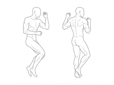 Full Body Male Anatomy Reference With Front and Rear Views Showing a Raised Leg Pose and Bent Arm Position