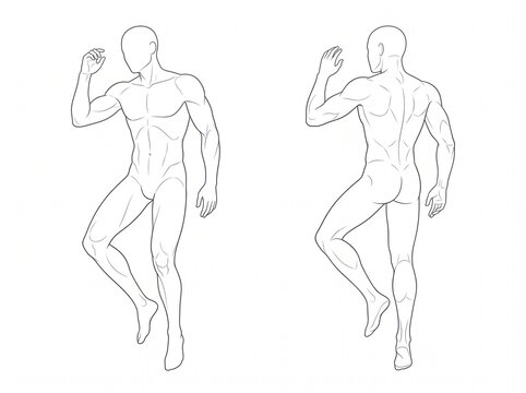 Standing Male Figure Anatomy Drawing Featuring Dynamic Raised Knee Poses From Front and Rear Perspectives