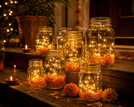 Mason Jars Filled with Fairy Lights and Marigold Petals for Diwali