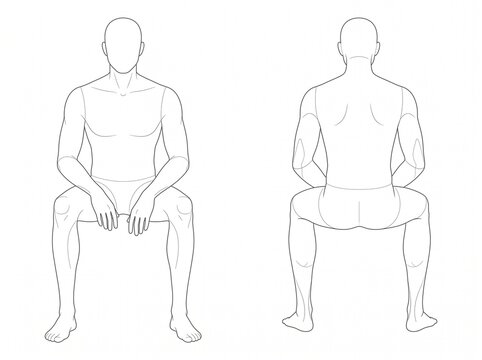 Male Anatomy Reference Showing Seated Front and Rear Views With One Leg Crossed and Hands Resting Near the Thighs