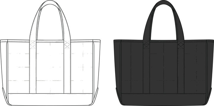 Tote bag fashion technical sketch template vector illustration showing line art outline and solid black silhouette variants