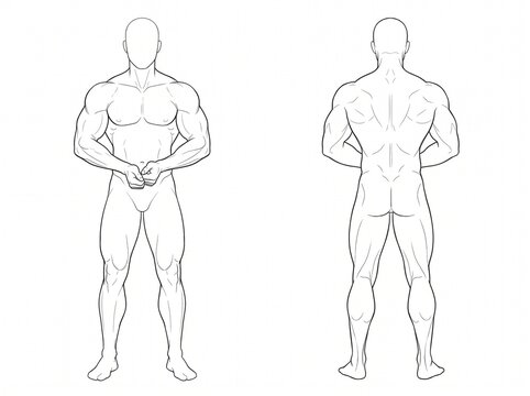 Front and Rear Muscular Male Figure Study Showing Hands Together and Detailed Full Body Anatomy for Drawing Reference