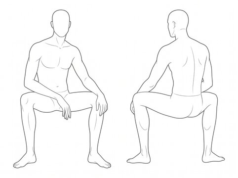 Seated Human Figure Anatomy Study With Front and Rear Views Showing Natural Sitting Pose and Balanced Lower Body Position