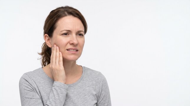 Close Up of Woman Touching Cheek Suffering from Severe Toothache and Dental Pulpitis Pain On White Background Copy Space