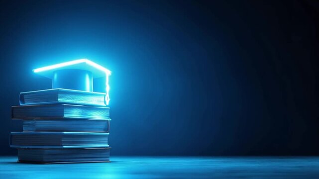 A stack of books topped with a glowing graduation cap symbolizes the pursuit of knowledge and academic achievement. ..Created with Generative AI, not depicting real subjects.