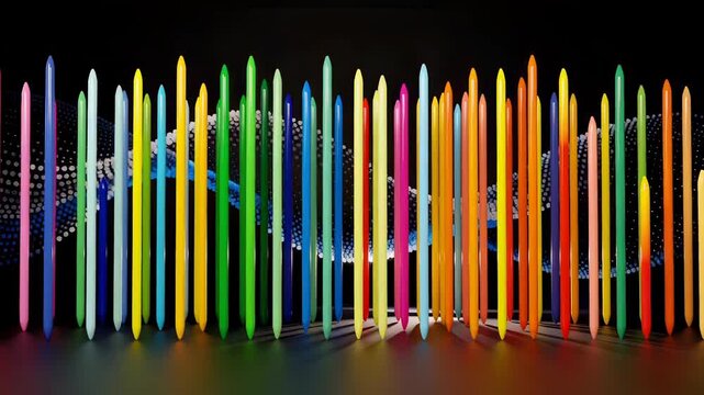 Colorful vertical bars rise from a wave of glowing dots against dark and blue backgrounds