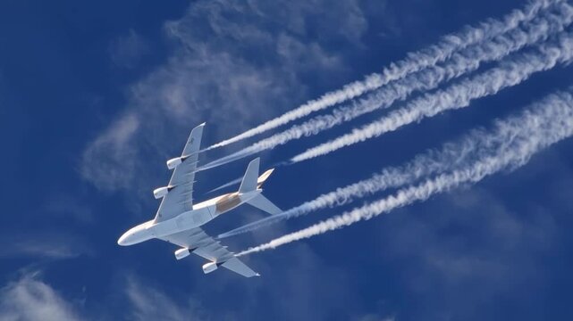 A modern passenger jet cruises majestically through a clear blue sky. ..Created with Generative AI, not depicting real subjects.