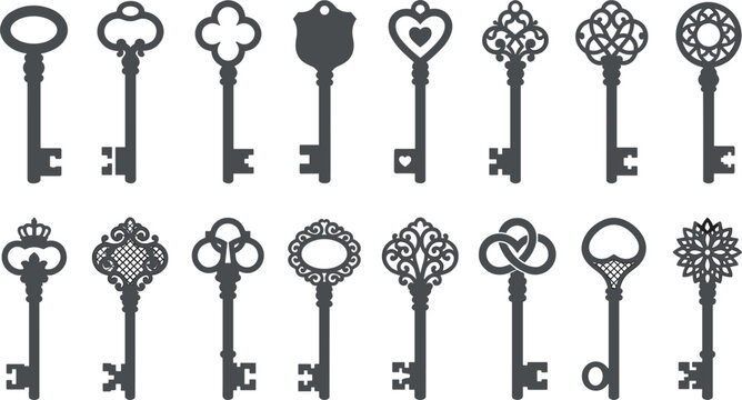 Vintage ornate skeleton keys collection with decorative filigree handles for antique safety locks and secret chest mechanisms