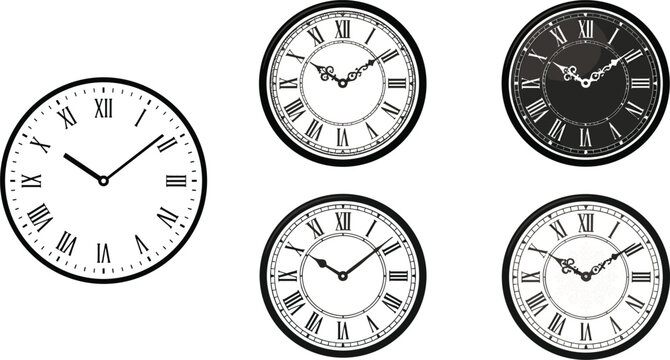  Vintage roman numeral wall clock collection featuring circular analog faces with elegant decorative time pointers graphic illustration vector