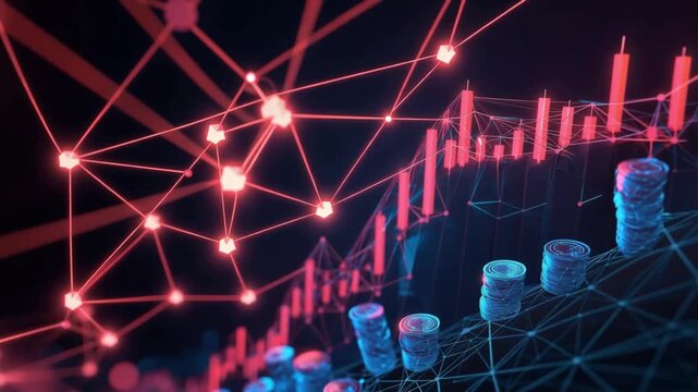 Abstract futuristic financial data visualization with glowing nodes and lines connecting stock market candlestick charts, symbolizing growth. ..Created with Generative AI, not depicting real subjects.