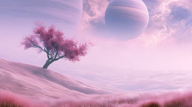 Surreal Dreamscape of a Pink Alien World with Rolling Hills and Massive Gas Giant Planets in Sky