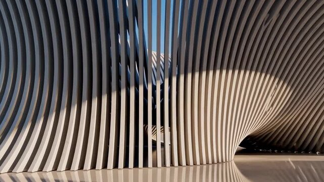 Modern architectural structure with flowing ribbed design and sunlight filtering through vertical slats