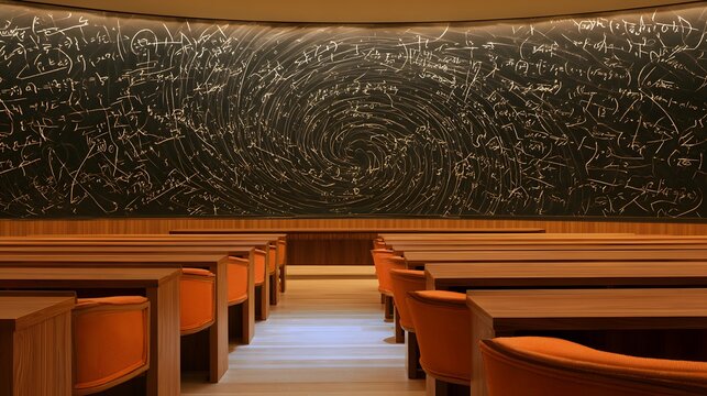 Cinematic wide angle of a modern classroom featuring complex mathematical equations on a chalkboard