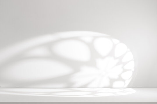 Ramadan Background With Islamic Pattern Shadows And Soft Window Light On Grey Wall And White Floor, Minimal Studio Interior With Geometric Ornament For Eid Mubarak Banner And Product Display Design
