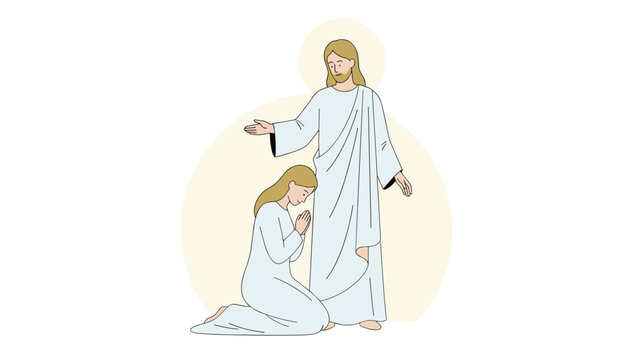 Jesus Christ stands with a blessing hand over a devoted woman kneeling in prayer against a warm circular background.