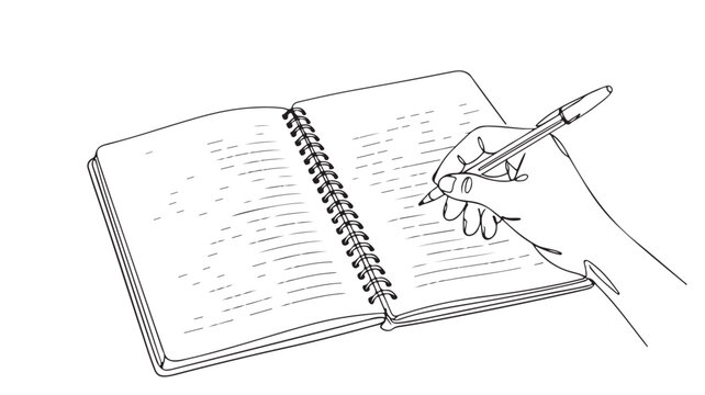 Minimalist line art of hand writing in spiral notebook, person journaling with pen on paper, simple sketch for education and creativity