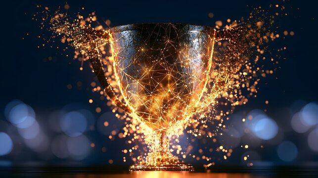 Majestic Golden Trophy Glowing With Digital Mesh Textures and Sparking Particles in Dark Space