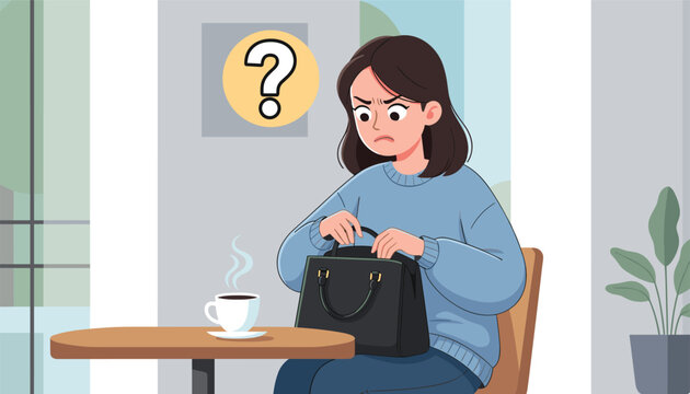 Confused and worried young woman searching inside her black handbag while sitting at a coffee shop table with a cup.