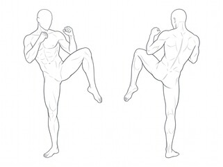 Obraz premium Male Martial Artists Demonstrating High Side Kick Techniques With Raised Legs and Stable Defensive Fighting Positions